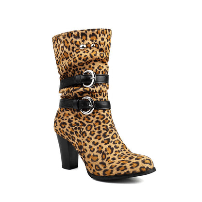 Women's Leopord Pattern Buckle Strap Round Toe Block Heel Mid Calf Boots