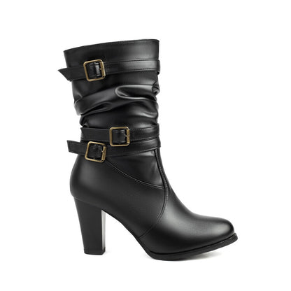 Women's Pleated Buckle Strap Round Toe Block Heel Mid Calf Boots