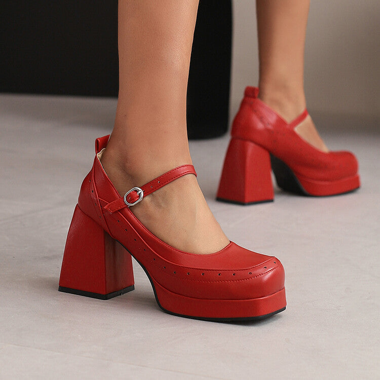 Women's Square Toe Block Heel Mary Janes Platform Pumps Shoes