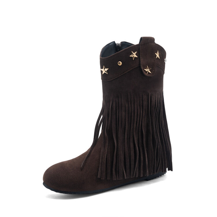 Women's Tassel Round Toe Increased Internal Mid Calf Boots