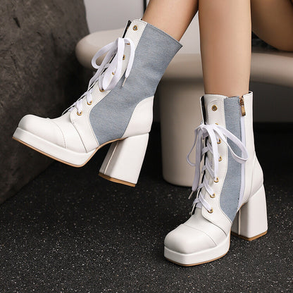 Women's Square Toe Lace-up High Heel Mid-Calf Boots