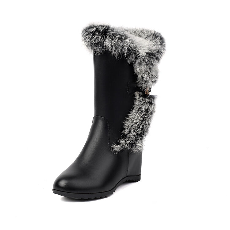 Women's Round Toe Wedge Heel Fur Mid-Calf Boots