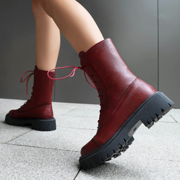 Women's Lace-Up Round Toe Flat Platform Short Boots