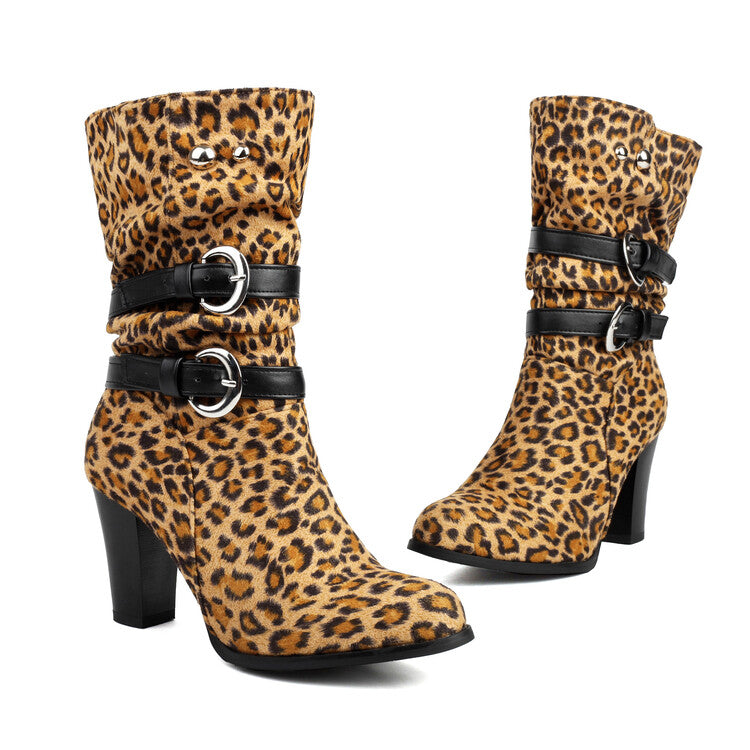 Women's Leopord Pattern Buckle Strap Round Toe Block Heel Mid Calf Boots