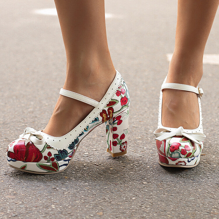 Women's High Heel Printed Bow Platform Pumps Mary Jane Shoes