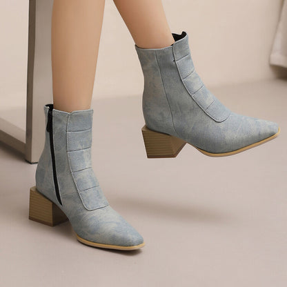 Women's Snake Pattern Pointed Toe Square Heel Short Boots