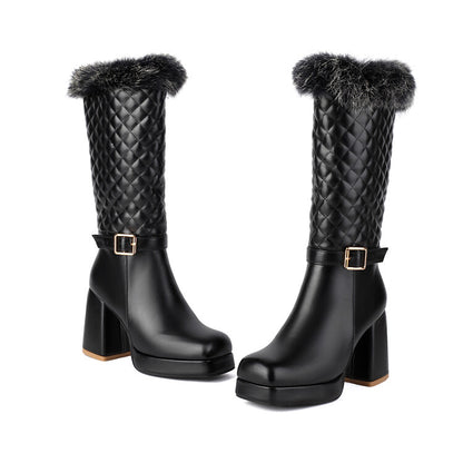 Women's Square Toe Platform High Heel Fur Mid-Calf Boots