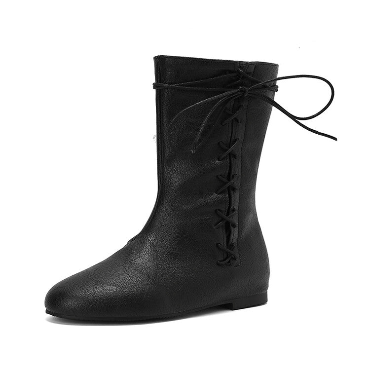 Women'S Lace-Up Round Toe Flat Mid Calf Boots