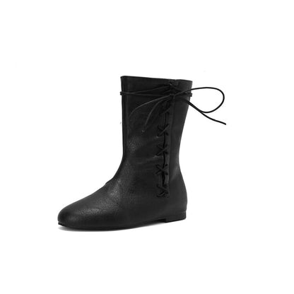 Women'S Lace-Up Round Toe Flat Mid Calf Boots