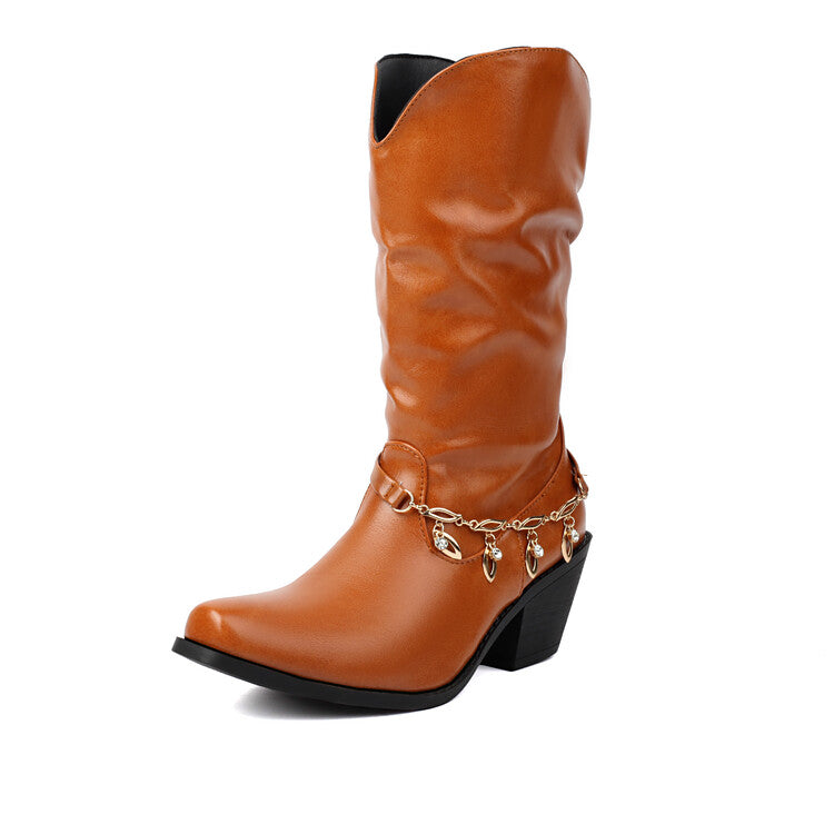 Women's Chains Pointed Toe Mid-Calf Western Boots