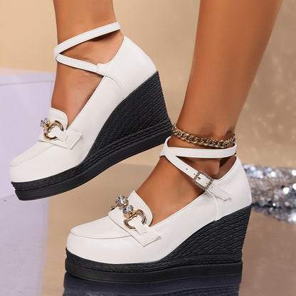 Women's Rhinestone Wedge Heel Ankle Strap Platform Pumps