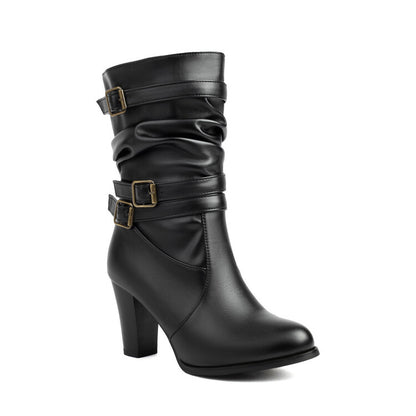 Women's Pleated Buckle Strap Round Toe Block Heel Mid Calf Boots