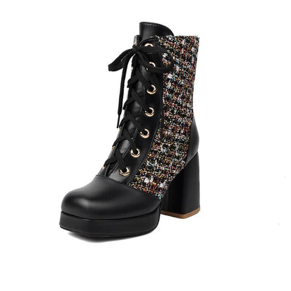 Women's Square Toe Lace-up Platform High Heel Ankle Boots