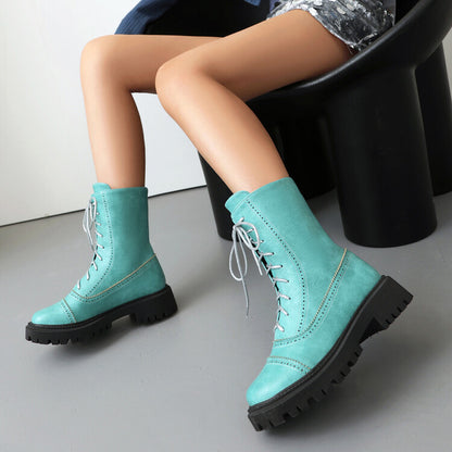 Women's Lace-Up Round Toe Flat Platform Short Boots