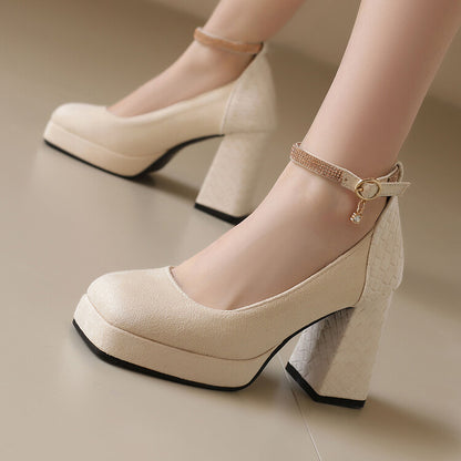 Women's Ankle Strap Square Toe High Heel Platform Pumps