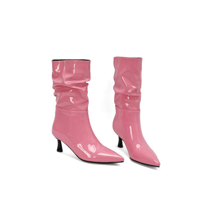 Women's Patent Leather Pointed Toe Pleated Mid-Calf Boots