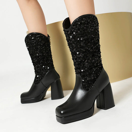 Women's Sequins Square Toe Platform Block Heel Mid-Calf Western Boots