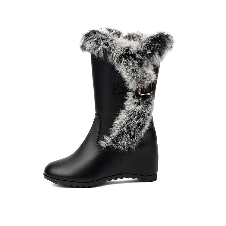 Women's Round Toe Wedge Heel Fur Mid-Calf Boots