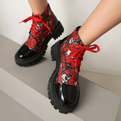 Women's Flowers Printed Lace-Up Round Toe Flat Platform Ankle Boots