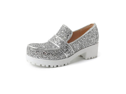 Women's Sequined Square Toe Block Heel Platform Loafers Shoes