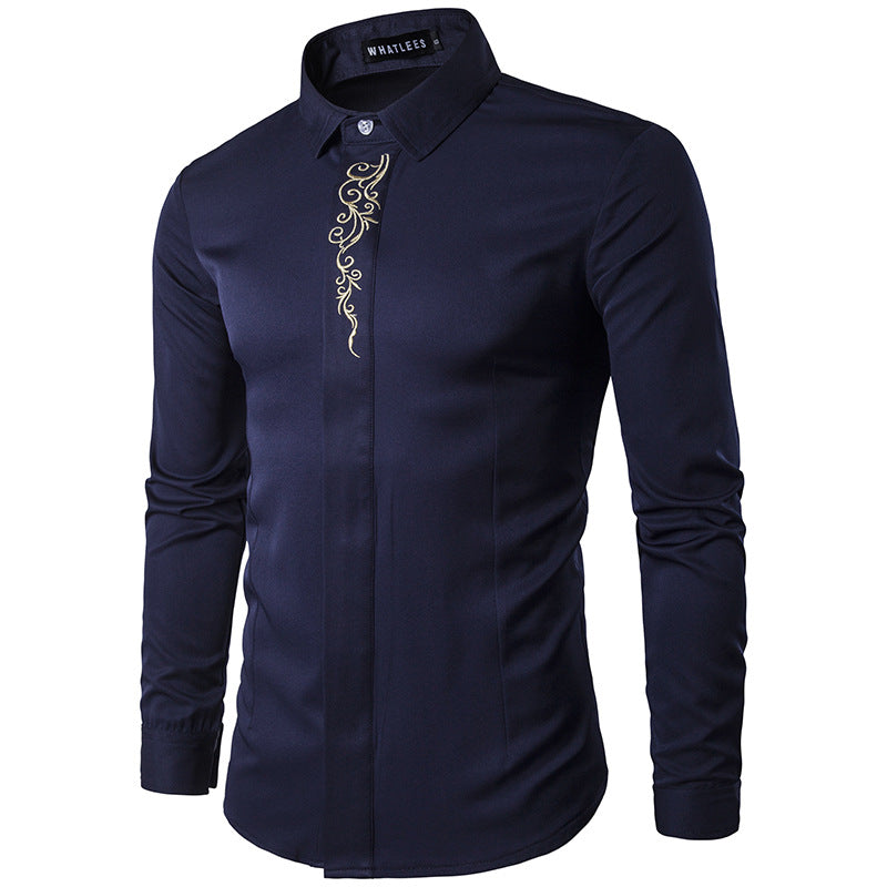 Men Turnover Collar Oriental Embroidery Long Sleeves Shirt