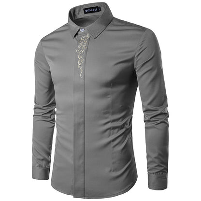 Men Turnover Collar Oriental Embroidery Long Sleeves Shirt