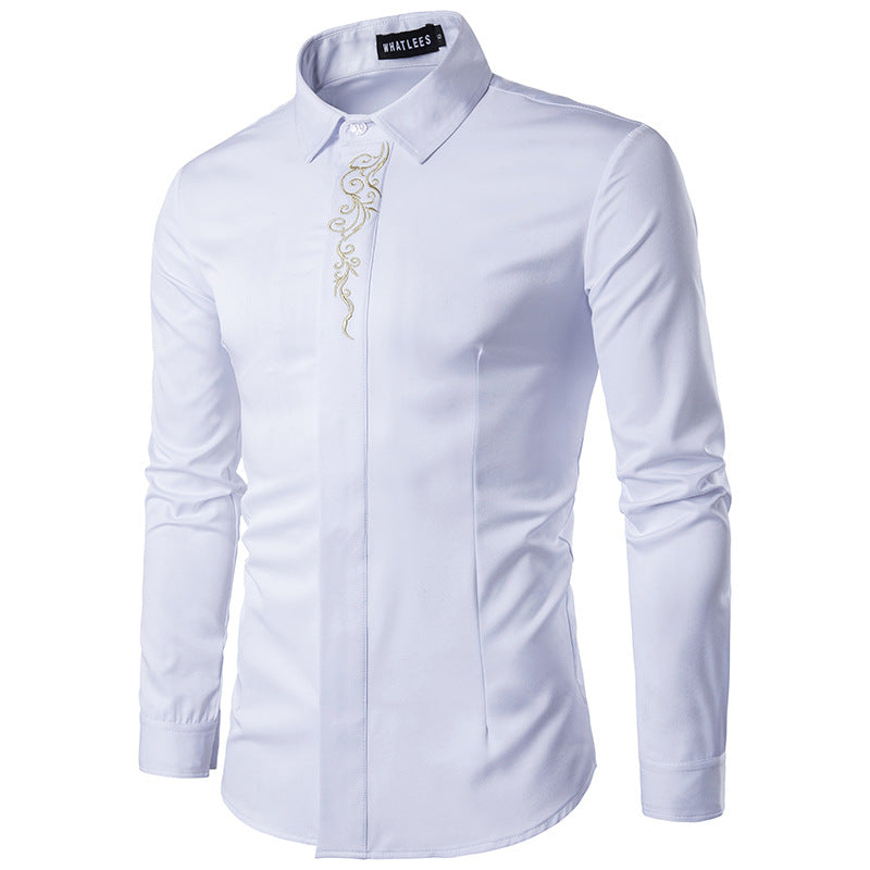 Men Turnover Collar Oriental Embroidery Long Sleeves Shirt