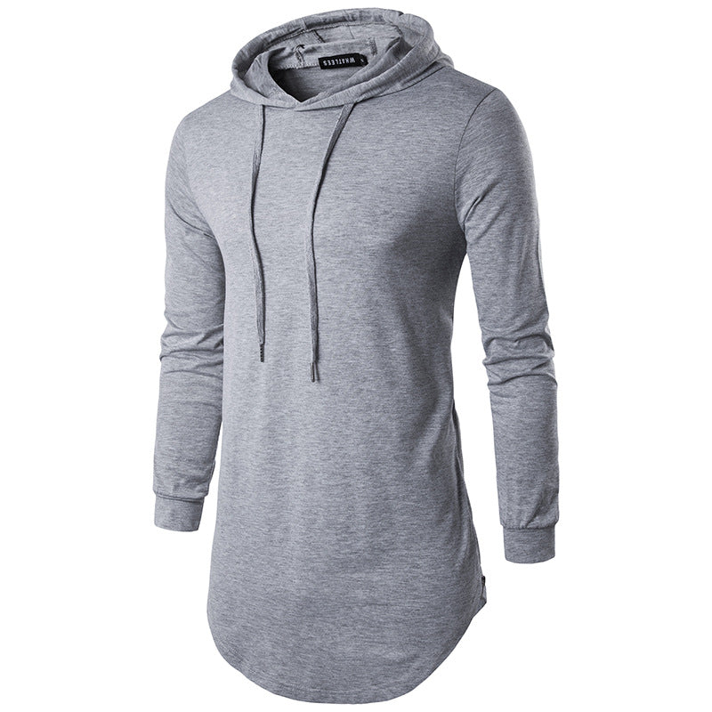 Men Long Sleeves Drawstring Hoody Long T-Shirt