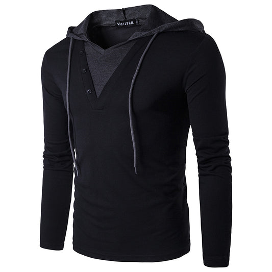 Men Patchwork Long Sleeves Drawstring Hoody T-Shirt