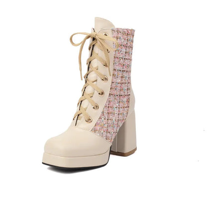 Women's Square Toe Lace-up Platform High Heel Ankle Boots