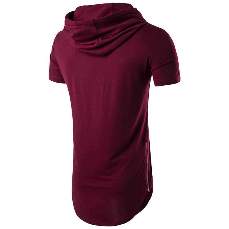 Men Short Sleeves Drawstring Hoody Long T-Shirt