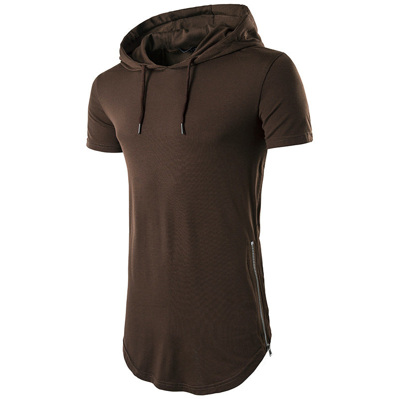 Men Short Sleeves Drawstring Hoody Long T-Shirt