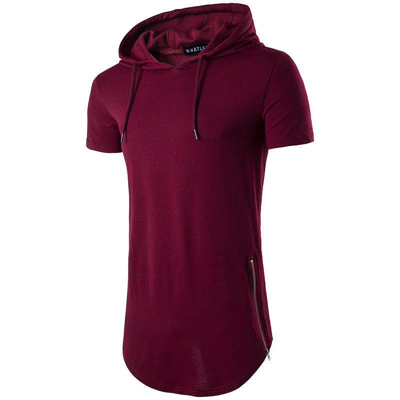 Men Short Sleeves Drawstring Hoody Long T-Shirt