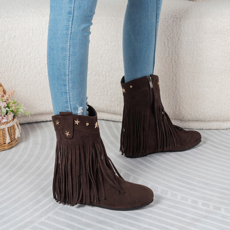 Women's Tassel Round Toe Increased Internal Mid Calf Boots