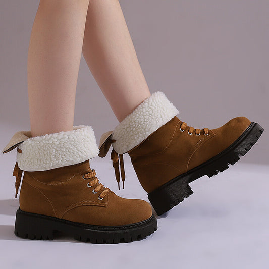 Women's Lace-Up Round Toe Flat Platform Short Boots