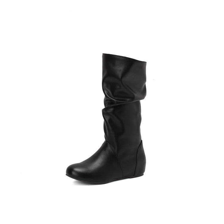 Women's Pleated Round Toe Increased Internal Mid-Calf Boots