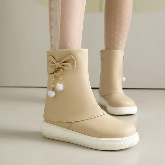 Women's Bows Round Toe Flat Platform Short Boots