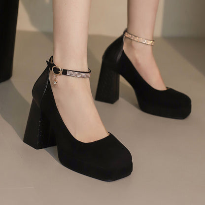 Women's Ankle Strap Square Toe High Heel Platform Pumps