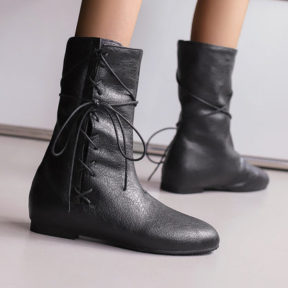 Women'S Lace-Up Round Toe Flat Mid Calf Boots