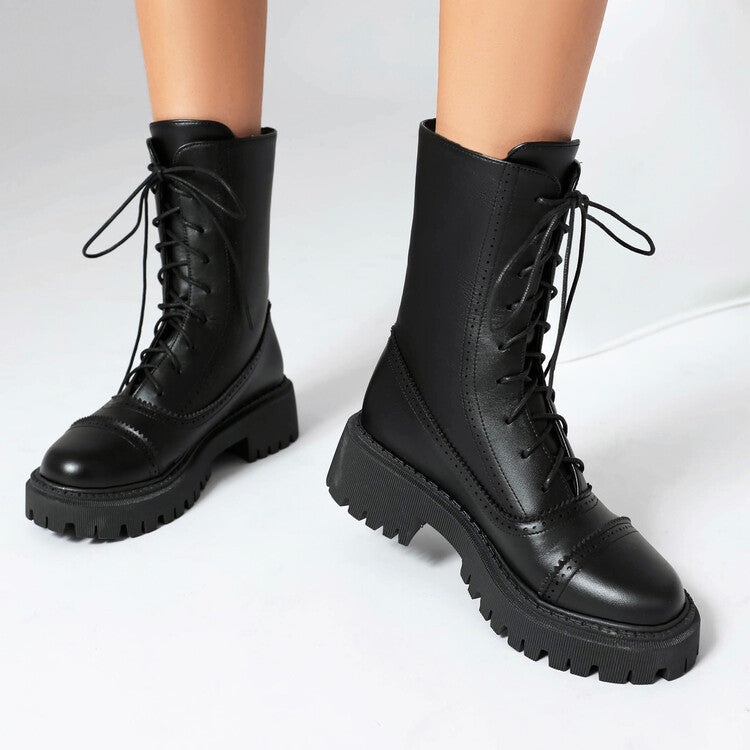 Women's Lace-Up Round Toe Flat Platform Short Boots