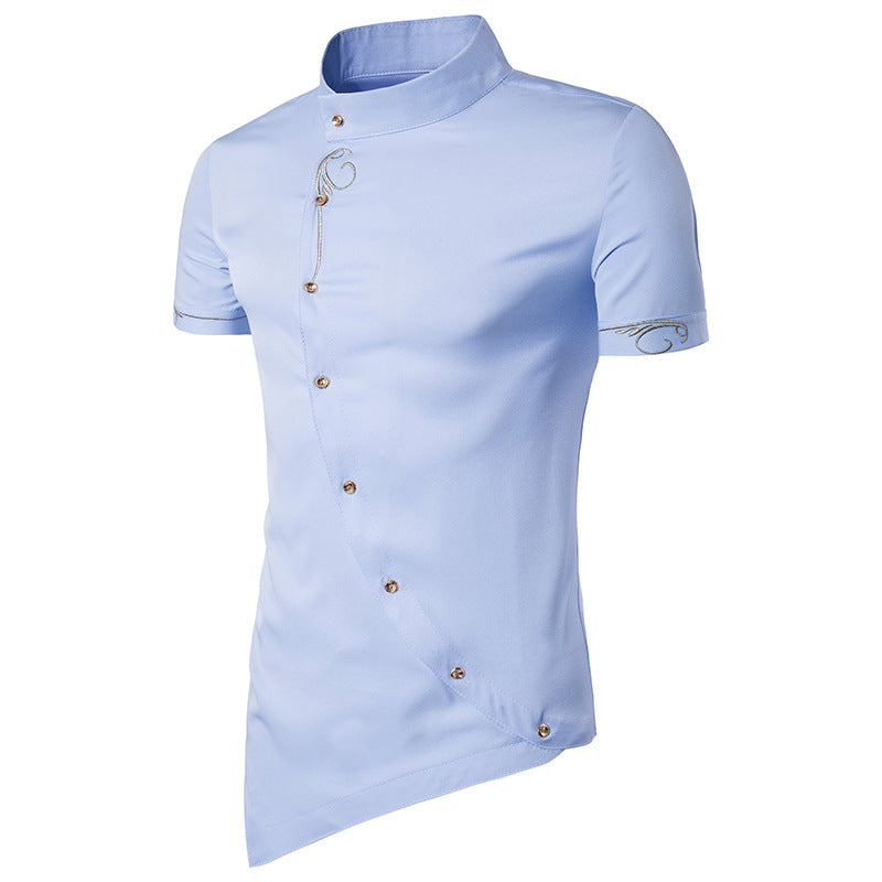 Men Turtleneck Incline Embroidery Short Sleeves Shirt