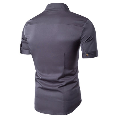 Men Turtleneck Incline Embroidery Short Sleeves Shirt