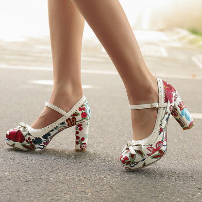 Women's High Heel Printed Bow Platform Pumps Mary Jane Shoes