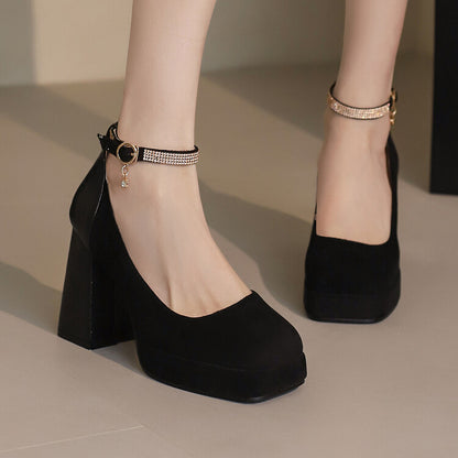 Women's Ankle Strap Square Toe High Heel Platform Pumps