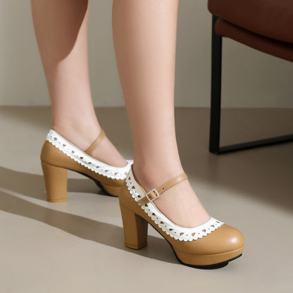 Women's Round Toe Mary Jane High Heel Platform Pumps