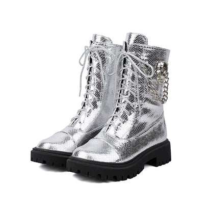 Women's Glossy Chains Round Toe Flat Platform Short Boots