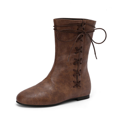 Women'S Lace-Up Round Toe Flat Mid Calf Boots