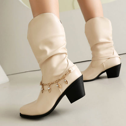 Women's Chains Pointed Toe Mid-Calf Western Boots