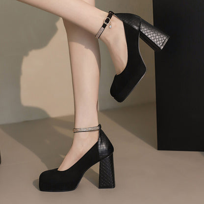 Women's Ankle Strap Square Toe High Heel Platform Pumps