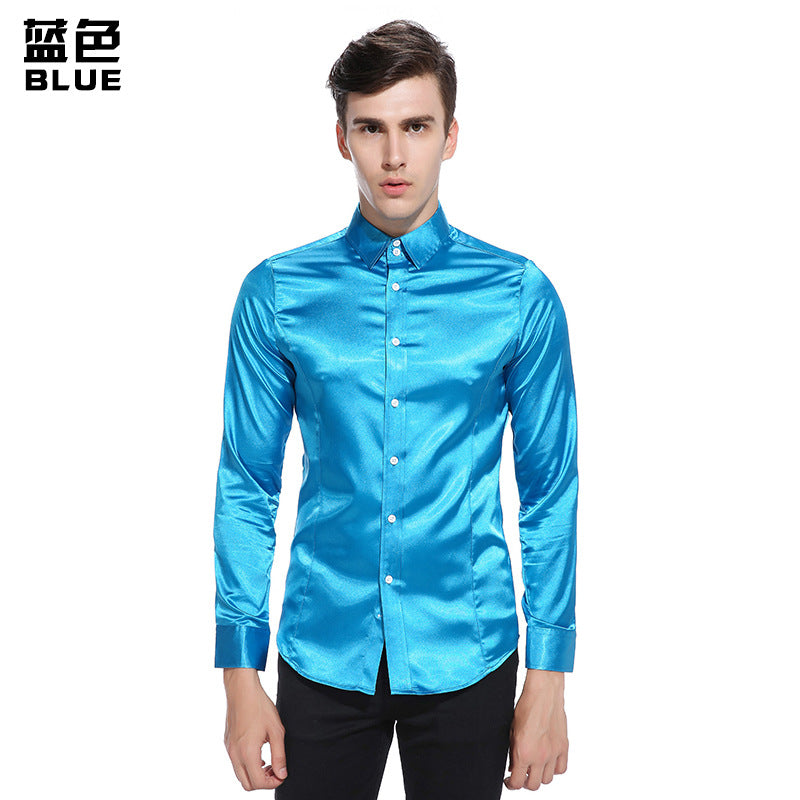 Men Turnover Collar Glossy Long Sleeves Shirt